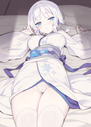 Rule 34 | 1girl, blade (galaxist), blue eyes, blush, breasts, commentary request, covered erect nipples, futon, highres, japanese clothes, kimono, large breasts, long sleeves, looking at viewer, lying, obi, on bed, open mouth, original, pale skin, panties, sash, short hair, snowflake print, solo, thighhighs, underwear, white hair, white kimono, white panties, white thighhighs, wide sleeves