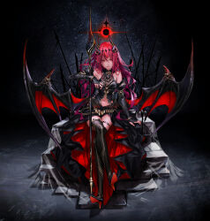 Rule 34 | 1girl, absurdres, alternate costume, black dress, black thighhighs, bridal gauntlets, clothing cutout, commentary, demon girl, demon horns, demon tail, demon wings, dress, earrings, english commentary, high heels, highres, hololive, hololive english, horns, irys (hololive), jewelry, long hair, looking at viewer, navel cutout, pointy ears, red eyes, red hair, redjuice, sitting, solo, staff, tail, thighhighs, virtual youtuber, wings