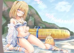Rule 34 | 1girl, :&lt;, anklet, arm support, azur lane, bare shoulders, barefoot, bikini, blonde hair, blue bow, blunt bangs, blush, bow, bow bikini, breasts, chestnut mouth, cleavage, collarbone, commentary request, commission, day, eyepatch, frilled bikini, frills, head tilt, highres, jewelry, le terrible (azur lane), le terrible (sunlight seaspray and sanctity) (azur lane), leg ribbon, looking at viewer, manatu kato, manjuu (azur lane), medium hair, navel, necklace, off shoulder, official alternate costume, one side up, outdoors, polka dot, polka dot bikini, purple eyes, ribbon, sidelocks, sitting, skeb commission, small breasts, solo, stomach, sunlight, swimsuit, thighs, white bikini