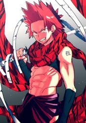 Rule 34 | 10s, 1boy, bad id, bad pixiv id, bandages, bare shoulders, black gloves, boku no hero academia, elbow gloves, fantasy, gloves, gradient background, grin, kirishima eijirou, looking at viewer, male focus, navel, red eyes, red hair, scarf, sharp teeth, shoco (sco labo), smile, solo, spiked hair, sword, teeth, toned, toned male, weapon
