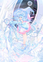 Rule 34 | 1girl, :d, artist name, atdan, bare legs, bare shoulders, blue footwear, blue hat, blue ribbon, blush, breasts, cleavage, detached sleeves, dress, fang, frilled dress, frills, full body, hair between eyes, haiyi, hat, high heels, highres, leaning forward, long sleeves, looking at viewer, machinery, maid headdress, medium breasts, medium hair, open mouth, outstretched arms, ribbon, sleeves past wrists, smile, soap bubbles, solo, standing, vocaloid, water, white dress, witch hat