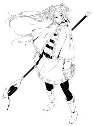 Rule 34 | 1girl, belt, boots, capelet, closed mouth, dress, earrings, eitopondo, elf, frieren, full body, greyscale, hair flowing over, highres, holding, holding staff, jewelry, long hair, long sleeves, looking at viewer, monochrome, pantyhose, parted bangs, pointy ears, simple background, solo, sousou no frieren, staff, standing, twintails