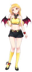 Rule 34 | 1girl, bare shoulders, black footwear, black skirt, blonde hair, breasts, cable, crop top, cuffs, demon girl, demon wings, detached collar, devi (master of eternity), earrings, full body, hand up, head tilt, highres, jewelry, kneehighs, large breasts, long hair, looking at viewer, master of eternity, midriff, miniskirt, navel, official art, open mouth, orange eyes, pointy ears, red bracelet, shackles, shoes, skirt, skull earrings, socks, solo, tachi-e, third-party source, transparent background, wings, yellow socks