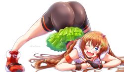 Rule 34 | 1girl, ass, black shorts, blue eyes, blush, braid, braided ponytail, brown hair, clothes lift, fingerless gloves, gloves, green skirt, hair ornament, hairclip, highres, huge ass, idolmaster, idolmaster million live!, jack-o&#039; challenge, jacket, kousaka umi, legs apart, long hair, looking at viewer, meme, one eye closed, open mouth, shoes, short hair, short shorts, shorts, simple background, single glove, skirt, skirt lift, sleeveless, sleeveless jacket, smile, spread legs, thighs, tongue, top-down bottom-up, twin braids, twintails, white background, white jacket, wide spread legs