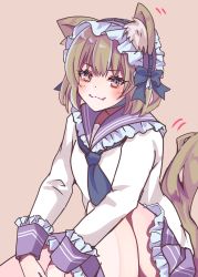 Rule 34 | 1girl, animal ear fluff, animal ears, black bow, black neckwear, blush, bow, brown eyes, brown hair, closed mouth, dress, fang, fang out, frilled dress, frilled sailor collar, frills, hairband, highres, knee up, long sleeves, looking at viewer, omase (mnnk umai), original, purple hairband, purple sailor collar, ribbon-trimmed hairband, sailor collar, sailor dress, sitting, smile, solo, tail, white dress