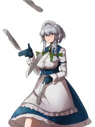 Rule 34 | 1girl, apron, breasts, closed mouth, commentary request, gloves, grey eyes, grey hair, highres, izayoi sakuya, juggling, knife, large breasts, long sleeves, looking at viewer, maid, maid headdress, medium hair, simple background, smile, solo, strong anus, touhou, waist apron, white apron, white background