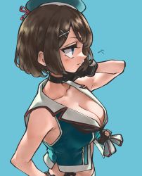 Rule 34 | 1girl, beret, blue background, blue eyes, breasts, brown hair, cleavage, commentary request, green hat, green shirt, hair ornament, hairclip, hat, kantai collection, karutade, large breasts, looking to the side, maya (kancolle), maya kai ni (kancolle), mini hat, profile, shirt, short hair, simple background, sleeveless, sleeveless shirt, solo, upper body, x hair ornament