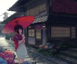 Rule 34 | apron, architecture, black hair, bow, building, bush, chorefuji, east asian architecture, flower, grass, holding, holding umbrella, hydrangea, knees, light, mitsudomoe (shape), oil-paper umbrella, original, outdoors, pink eyes, red umbrella, short hair, sky, solo, stairs, standing, stone floor, tomoe (symbol), two-handed, umbrella, white apron