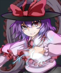 Rule 34 | &gt;:), 1girl, black hat, black skirt, bow, capelet, closed mouth, electricity, frills, hat, hat bow, long sleeves, looking at viewer, nagae iku, puffy long sleeves, puffy sleeves, purple hair, red bow, red eyes, shaded face, shawl, short hair, skirt, smile, solo, touhou, upper body, v-shaped eyebrows, yocchi (tenyunkel)