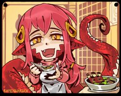 Rule 34 | 1girl, :d, apron, black border, bone, border, bowl, breasts, chibi, dress, fang, feeding, food, hair between eyes, hair ornament, hairclip, happy, holding, holding spoon, incoming food, lamia, long hair, long sleeves, looking at viewer, miia (monster musume), monster girl, monster musume no iru nichijou, open mouth, pointy ears, pov, pov feeding, ramenwarwok, red hair, scales, slit pupils, smile, solo, spoon, sweater, sweater dress, tail, upper body, yellow eyes