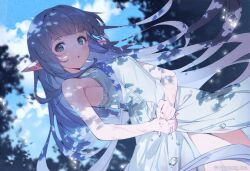 Rule 34 | 1girl, :o, bare shoulders, blue eyes, blue hair, blush, breasts, cloud, day, dress, granblue fantasy, lily (granblue fantasy), long hair, looking at viewer, minaba hideo, official art, outdoors, pointy ears, sky, small breasts, solo, water, wet, wet clothes, wet dress, white dress
