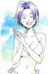 Rule 34 | 1girl, agahari, ahoge, bikini, blue hair, breasts, cleavage, closed eyes, female focus, gradient background, idolmaster, idolmaster (classic), large breasts, miura azusa, navel, open mouth, own hands together, sketch, smile, solo, swimsuit, traditional media, white background, white bikini