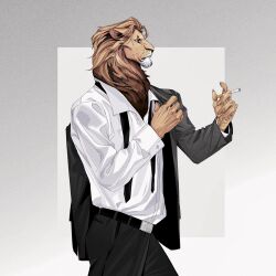 Rule 34 | 1boy, belt, black belt, black jacket, black necktie, black pants, body fur, brown fur, cigarette, claws, closed mouth, collared shirt, commentary, furry, furry male, grey background, hands up, highres, holding, holding cigarette, jacket, jacket partially removed, lion boy, llishifu, long sleeves, looking at viewer, male focus, mane, necktie, original, pants, shirt, simple background, slit pupils, solo, standing, suit jacket, symbol-only commentary, undone necktie, upper body, white shirt, yellow eyes