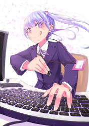 Rule 34 | 10s, 1girl, :q, blazer, blush, closed mouth, collared shirt, flower, formal, hair flower, hair ornament, holding, holding pen, id card, jacket, keyboard (computer), light purple hair, long hair, long sleeves, looking at viewer, md5 mismatch, monitor, neck ribbon, new game!, pen, pink eyes, pink ribbon, resolution mismatch, ribbon, shirt, smile, solo, source larger, stylus, suit, suzukaze aoba, tazaki hayato, tongue, tongue out, twintails, v-shaped eyebrows, white background, white shirt