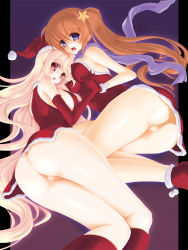 Rule 34 | 00s, 2girls, :o, ass, bare shoulders, blonde hair, blue eyes, blush, boots, bottomless, breasts, brown hair, christmas, covered erect nipples, elbow gloves, fate testarossa, frapowa, gloves, holding hands, hat, highres, legs, long hair, lyrical nanoha, mahou shoujo lyrical nanoha, multiple girls, no panties, open mouth, pussy, red eyes, red gloves, santa costume, santa hat, scarf, star (symbol), takamachi nanoha, uncensored, very long hair