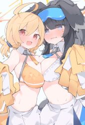 Rule 34 | 2girls, :d, animal ears, bare shoulders, black hair, blonde hair, blue archive, blue eyes, blush, breast press, breasts, cheerleader, cleavage, dog girl, eyewear on head, hair ornament, halo, hibiki (blue archive), hibiki (cheer squad) (blue archive), highres, holding, holding pom poms, kotori (blue archive), kotori (cheer squad) (blue archive), large breasts, looking at viewer, midriff, mikozin, millennium cheerleader outfit (blue archive), muffin top, multiple girls, navel, official alternate costume, open mouth, pom pom (cheerleading), pom poms, red eyes, simple background, smile, star sticker, sticker on face, stomach, sweat, symmetrical docking, twintails, white background