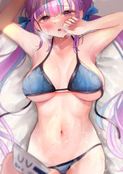 Rule 34 | 1girl, absurdres, armpits, bikini, blue bikini, blue hair, blue nails, blush, breasts, collarbone, commentary request, fingernails, heavy breathing, highres, hinoki kahun0, hololive, large breasts, long hair, looking at viewer, lying, minato aqua, multicolored hair, nail polish, navel, on back, purple eyes, purple hair, solo focus, sweat, swimsuit, thighs, twintails, two-tone hair, virtual youtuber