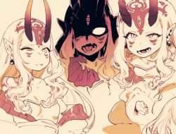 Rule 34 | 1girl, bare shoulders, blonde hair, earrings, expressions, facial mark, fang, fate/grand order, fate (series), female focus, horns, ibaraki douji (fate), japanese clothes, jewelry, kimono, long hair, looking at viewer, multiple views, norasame (dagako), off shoulder, oni, oni horns, open mouth, partially colored, pointy ears, shaded face, sharp teeth, sidelocks, simple background, tattoo, teeth, third eye