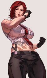 Rule 34 | 1girl, black gloves, breasts, gloves, highres, large breasts, midriff, necktie, red eyes, red hair, red tie, short hair, solo, suspenders, syachiiro, the king of fighters, toned, vanessa (kof)