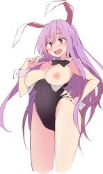 Rule 34 | 1girl, animal ears, black bow, black bowtie, black leotard, bow, bowtie, breasts, breasts out, cropped legs, detached collar, hand on own hip, kamukamu (ars), large breasts, leotard, long hair, looking at viewer, nipples, open mouth, playboy bunny, purple hair, rabbit ears, red eyes, reisen udongein inaba, simple background, solo, strapless, strapless leotard, surprised, touhou, very long hair, white background, wrist cuffs