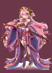 Rule 34 | 1girl, animal print, arched back, asymmetrical legwear, bell, blue eyes, blush, boots, breasts, brown background, butterfly hair ornament, butterfly print, draph, floating hair, granblue fantasy, hair ornament, hair over one eye, high heel boots, high heels, highres, holding, holding sword, holding weapon, hood, horns, japanese clothes, jingle bell, kimono, large breasts, long hair, low twintails, maroon background, mismatched legwear, narmaya (granblue fantasy), panties, pantyshot, parted lips, pink hair, platform footwear, pleated skirt, pointy ears, red skirt, sheath, simple background, skirt, solo, standing, sword, thigh boots, thighhighs, thomasz, twintails, underwear, unsheathing, very long hair, weapon, white panties