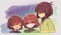 Rule 34 | 3others, antenna hair, blue shirt, blunt bangs, blush, brown hair, chara (undertale), child, collared shirt, colored skin, cropped torso, crossover, deltarune, frisk (undertale), green shirt, green sweater, grey background, hair behind ear, hair over one eye, heart, heart necklace, jewelry, komugiko (bitte komu), kris (deltarune), long sleeves, looking at viewer, multiple others, necklace, outline, red eyes, shaded face, shirt, short hair, striped clothes, striped shirt, sweater, turtleneck, turtleneck sweater, undertale, upper body, white outline, yellow shirt, yellow skin