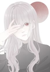 Rule 34 | 1girl, black shirt, bracelet, circle, closed mouth, finger to eye, fingernails, grey hair, hair over one eye, highres, jewelry, lips, long bangs, long hair, long sleeves, one eye covered, original, pale skin, red eyes, shirt, simple background, sleeves past elbows, solo, upper body, watch, white background, wristwatch, yuum1709