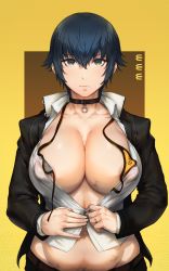 Rule 34 | 1girl, absurdres, after paizuri, alternate breast size, areola slip, bad id, bad pixiv id, belly, bikini, bikini top only, bikini under clothes, black choker, blue eyes, blue hair, body writing, breasts, choker, cleavage, commentary request, covered erect nipples, crossdressing, curvy, excessive pubic hair, expressionless, female pubic hair, gakuran, highres, huge breasts, huge filesize, jewelry, kunaboto, looking at viewer, micro bikini, micro bikini top, navel, navel hair, o-ring, o-ring choker, open bikini, open clothes, persona, persona 4, plump, pubic hair, ring, school uniform, shirogane naoto, short hair, solo, stray pubic hair, swimsuit, swimsuit under clothes, tally, unbuttoned, unbuttoned shirt, very short hair, wedding band, yellow background