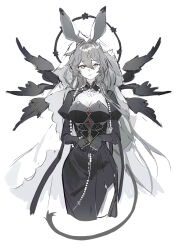 Rule 34 | 1girl, animal ears, arknights, black shrug, breasts, brooch, cleavage, collarbone, cropped legs, dorothy (arknights), dorothy (hand of destiny) (arknights), dot nose, dress, greyscale, hair between eyes, halo, highres, jewelry, long dress, looking at viewer, medium breasts, monochrome, mouse ears, mouse girl, mouse tail, necklace, parted lips, side slit, sidelocks, solo, spot color, straight-on, strapless, strapless dress, tail, toga (toganawa)