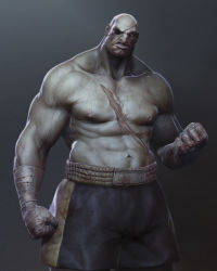 Rule 34 | 1boy, 3d, abs, bald, bandages, blood, blood stain, capcom, clenched hands, doe, eyepatch, gradient background, looking at viewer, male focus, muscular, navel, realistic, sagat, scar, shorts, simple background, solo, street fighter, veins