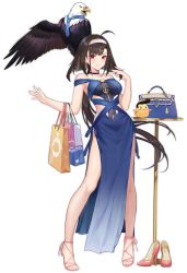 Rule 34 | 1girl, ahoge, anchor hair ornament, animal, atdan, azur lane, bag, bald eagle, bare arms, bare legs, bare shoulders, bird, black choker, black hair, blue dress, breasts, chick, choker, clothing cutout, dress, eagle, full body, glasses, gradient dress, hair ornament, hairband, hand up, handbag, high heels, highres, independence (azur lane), independence (the independent line) (azur lane), large breasts, long hair, looking at viewer, low ponytail, manjuu (azur lane), necktie, off-shoulder dress, off shoulder, official alternate costume, official art, paper bag, pelvic curtain, red eyes, revealing clothes, sandals, shoes, side cutout, smile, solo, standing, table, thighs, transparent background, unworn shoes, very long hair