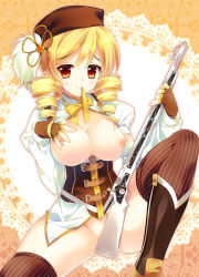 Rule 34 | 10s, 1girl, beret, between legs, blonde hair, boots, breasts, brown thighhighs, censored, convenient censoring, corset, covering crotch, covering privates, detached sleeves, drill hair, fingerless gloves, gloves, gun, hair ornament, hairpin, hat, large breasts, magical girl, magical musket, mahou shoujo madoka magica, mahou shoujo madoka magica (anime), mouth hold, nipples, open clothes, open shirt, pleated skirt, puffy sleeves, rei (rei&#039;s room), ribbon, ribbon in mouth, rifle, shirt, skirt, solo, striped clothes, striped thighhighs, thighhighs, tomoe mami, twin drills, twintails, vertical-striped clothes, vertical-striped thighhighs, weapon, yellow eyes