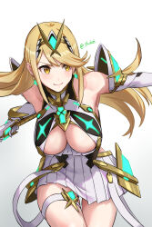 Rule 34 | 1girl, armor, armpits, blonde hair, blush, breasts, chest jewel, cleavage, cleavage cutout, closed mouth, clothing cutout, commentary, cowboy shot, elbow gloves, floating hair, gloves, glowing, gradient background, grey background, highres, holding, holding weapon, long hair, looking to the side, medium breasts, miniskirt, mythra (xenoblade), neon trim, pleated skirt, shouhei, shoulder armor, simple background, skirt, smile, solo, standing, swept bangs, thigh gap, thigh strap, thighs, tiara, weapon, white background, white gloves, white skirt, xenoblade chronicles (series), xenoblade chronicles 2, yellow eyes