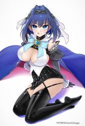 Rule 34 | 1girl, absurdres, ass, black gloves, black skirt, black thighhighs, blue eyes, blue hair, breasts, cape, cleavage, closed mouth, detached sleeves, greatodoggo, hair intakes, highres, hololive, hololive english, large breasts, legs, looking at viewer, lying, on side, ouro kronii, simple background, skirt, smile, solo, thighhighs, tiara, tongue, tongue out, virtual youtuber, white background