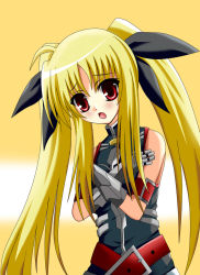 Rule 34 | 00s, 1girl, :o, bad id, bad pixiv id, bare shoulders, belt, black dress, blonde hair, buckle, dress, fate testarossa, fate testarossa (true sonic form), gauntlets, looking at viewer, lyrical nanoha, mahou shoujo lyrical nanoha, mahou shoujo lyrical nanoha a&#039;s, natsuzakura yuuki, open mouth, red eyes, sidelocks, simple background, solo, yellow background