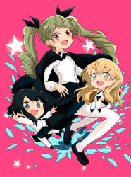Rule 34 | :d, anchovy (girls und panzer), anzio school uniform, barashiya, beret, black cape, black eyes, black footwear, black hair, black headwear, black neckwear, black ribbon, black skirt, blonde hair, braid, cape, carpaccio (girls und panzer), chibi, commentary, copyright name, dress shirt, drill hair, emblem, floating, girls und panzer, green eyes, green hair, hair ribbon, hat, highres, loafers, long hair, long sleeves, looking at viewer, miniskirt, necktie, open mouth, outstretched arms, pantyhose, pepperoni (girls und panzer), pink background, pleated skirt, red eyes, ribbon, school uniform, shirt, shoes, short hair, side braid, skirt, smile, spread arms, star (symbol), twin drills, twintails, white legwear, white shirt