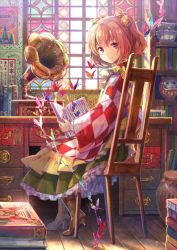 Rule 34 | 1girl, apron, bell, book, book stack, bookshelf, boots, bug, butterfly, chair, checkered clothes, checkered kimono, daruma doll, full body, fuzichoco, hair bell, hair ornament, high heel boots, high heels, indoors, insect, japanese clothes, kimono, long sleeves, looking at viewer, looking back, matching hair/eyes, motoori kosuzu, open book, orange eyes, orange hair, phonograph, sitting, smile, solo, touhou, twintails, two side up, wide sleeves, window