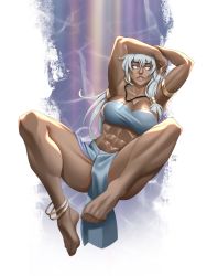 Rule 34 | 1girl, abs, anklet, armlet, arms behind head, atlantean, atlantis: the lost empire, blue eyes, breasts, crop top, dark skin, facial tattoo, glowing, glowing eyes, hair ornament, hand on own hip, highres, jewelry, kidagakash, large breasts, loincloth, long hair, minh pham, muscular, muscular female, necklace, solo, tattoo, white hair