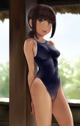 Rule 34 | 1girl, absurdres, alternate costume, arms behind back, bare arms, bare shoulders, blush, breasts, brown hair, collarbone, competition swimsuit, covered navel, cowboy shot, fubuki (kancolle), grey eyes, groin, highleg, highleg swimsuit, highres, kantai collection, looking at viewer, medium breasts, one-piece swimsuit, one-piece tan, open mouth, ponytail, short hair, smile, solo, sweat, swimsuit, tan, tanline, wa (genryusui)