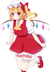 Rule 34 | 1girl, absurdres, ascot, bad id, bad twitter id, blonde hair, blush, bow, closed mouth, collared shirt, commentary request, crystal, dress, eyes visible through hair, flandre scarlet, hair between eyes, hat, hat bow, highres, jewelry, leg up, looking at viewer, mob cap, multicolored wings, one side up, pointy ears, puffy short sleeves, puffy sleeves, red bow, red dress, red eyes, red footwear, shinonome asu, shirt, shoes, short hair, short sleeves, simple background, socks, solo, standing, standing on one leg, touhou, white background, white hat, white shirt, white socks, wings, yellow ascot
