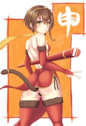 Rule 34 | 1girl, animal ears, ass, black panties, blush, body blush, braid, breasts, bridal gauntlets, brown hair, covered erect nipples, dress, fingernails, from behind, fur trim, hair between eyes, hairband, holding, holding behind back, jewelry, kanji, looking back, monkey tail, nail polish, orange background, orange eyes, original, panties, pink nails, red dress, red thighhighs, ring, scarf, short braid, short hair, side-tie panties, side braid, side slit, simple background, single braid, small breasts, smile, solo, standing, tail, thighhighs, tiara, tsurime, two-tone background, underwear, v, weapon, white background, yellow scarf, zukky