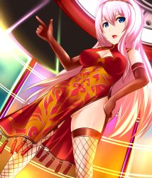 Rule 34 | 1girl, bad id, bad pixiv id, blue eyes, blush, breasts, china dress, chinese clothes, cleavage cutout, clothing cutout, dress, elbow gloves, fishnets, gloves, hand on own hip, highres, long hair, looking at viewer, megurine luka, no panties, open mouth, pink hair, pointing, project diva (series), project diva f, red dress, side slit, smile, solo, thighhighs, very long hair, vocaloid, world&#039;s end dancehall (vocaloid), yoshimo