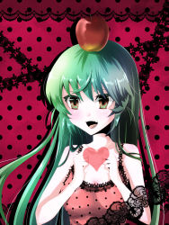 Rule 34 | 1girl, alternate costume, alternate hairstyle, apple, bad id, bad pixiv id, bare shoulders, breasts, brown eyes, camisole, cleavage, fangs, female focus, food, fruit, green hair, hatsune miku, heart, heart hands, highres, lace, long hair, medium breasts, on head, romeo to cinderella (vocaloid), solo, vocaloid, yamineko
