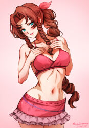 Rule 34 | 1girl, aerith gainsborough, aqua eyes, artist name, bikini, drill hair, drill ponytail, drill sidelocks, final fantasy, final fantasy vii, final fantasy vii rebirth, final fantasy vii remake, hair ribbon, highres, lips, long hair, looking at viewer, mina cream, navel, official alternate costume, pink bikini, pink lips, pink ribbon, ponytail, red hair, ribbon, sidelocks, smile, solo, swimsuit, white background