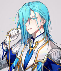 Rule 34 | 1boy, absurdres, ainchase ishmael, blue eyes, blue hair, blue necktie, colored eyelashes, commentary, elsword, english commentary, furrowed brow, gloves, grey background, hair behind ear, hair between eyes, highres, holding, holding rope, jacket, long bangs, long hair, long sleeves, looking at viewer, male focus, necktie, parted lips, pinstripe jacket, pinstripe pattern, richter (elsword), rope, shirt, sideways glance, simple background, solo, stole, upper body, virtual-ocean, white gloves, white jacket, white shirt