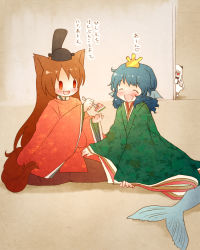 Rule 34 | 10s, 3girls, abyssal ship, alternate costume, animal ears, arinu, blue hair, blush, brown hair, closed eyes, colored skin, crossover, dress, fins, food, hair ornament, head fins, hinamatsuri, hishimochi, horns, imaizumi kagerou, japanese clothes, kantai collection, kimono, long hair, long sleeves, mermaid, mittens, monster girl, multiple girls, northern ocean princess, open mouth, pale skin, red eyes, short hair, smile, tail, touhou, translation request, wakasagihime, white dress, white hair, white skin, wide sleeves, wolf ears, wolf tail