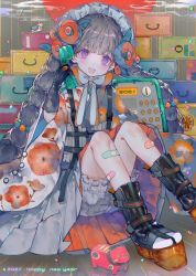 Rule 34 | 1girl, 2021, :d, bandaid, bandaid on leg, black footwear, black gloves, bloomers, blush, boots, braid, cha goma, chinese zodiac, gloves, grey hair, headdress, highres, legs, long hair, looking at viewer, open mouth, original, phone, purple eyes, sitting, smile, solo, thighs, twin braids, twintails, underwear, year of the ox