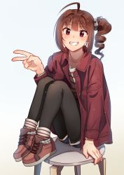 Rule 34 | 1girl, ahoge, arm support, black pantyhose, blush, brown hair, coat, drill hair, feet on chair, grin, idolmaster, idolmaster million live!, kamille (vcx68), long sleeves, looking at viewer, pantyhose, pantyhose under shorts, parted lips, purple eyes, scrunchie, shoes, short hair, shorts, side drill, simple background, sitting, smile, sneakers, solo, stool, teeth, v, white background, yokoyama nao