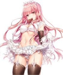 Rule 34 | 1girl, bad id, bad pixiv id, black gloves, black thighhighs, blunt bangs, bra, breasts, candy, chocolate, chocolate heart, clothes lift, cowboy shot, fate/grand order, fate (series), food, gloves, gluteal fold, heart, lifting own clothes, long hair, looking at viewer, medb (fate), medium breasts, miniskirt, mouth hold, navel, panties, pink eyes, pink hair, skirt, skirt lift, smile, solo, thighhighs, tiara, underwear, very long hair, white bra, white panties, white skirt, yuli (yulipo)