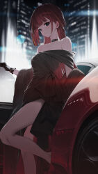 1girl akane_lize bare_shoulders belt_collar black_dress black_gloves blonde_hair blurry blurry_background car closed_mouth collar dress gloves grey_eyes highres huhi_(huhi_1211) long_hair looking_at_viewer motor_vehicle multicolored_hair outdoors red_hair standing stellive streaked_hair virtual_youtuber